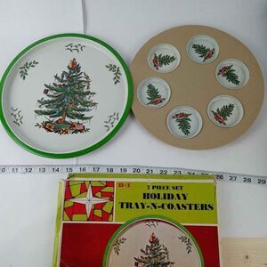 Vintage DAN DEE Metal Holiday Tray And Coasters Set, Spode Christmas Tree